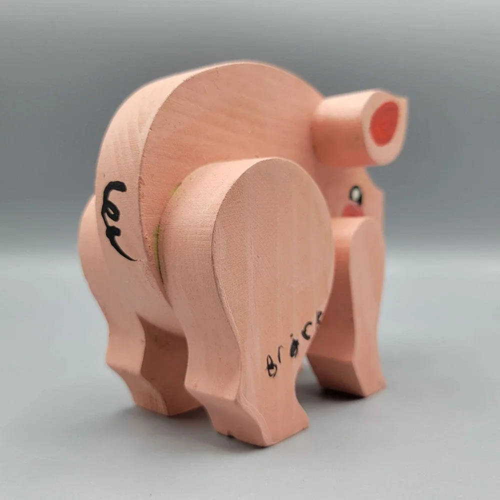 Vtg Handcrafted Wooden Pig Figurine Folk Art Collectible Animal Decor Farm House